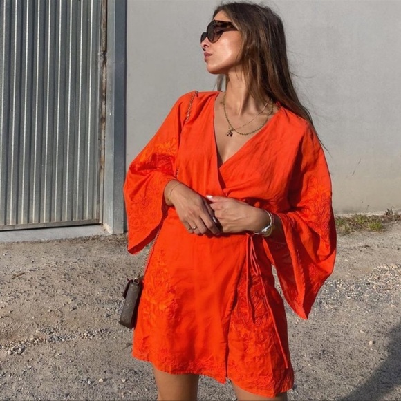 Zara orange embroidery wrapped romance dress - Picture 3 of 15